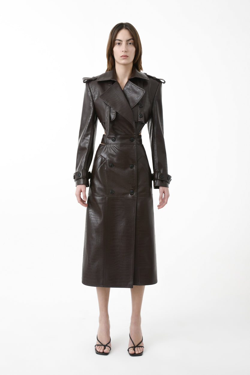 Eco Leather Croc Open Back Trench Coat – Materiel